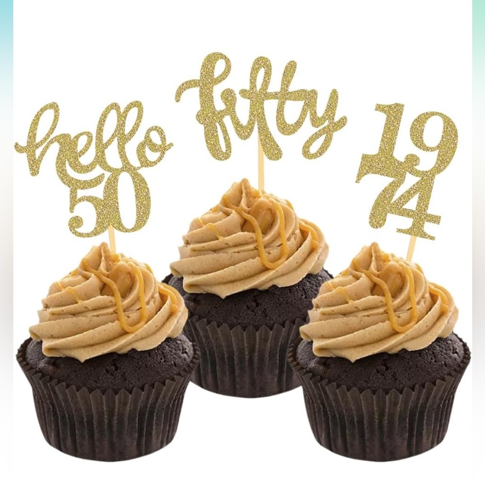 🧁 Gold Glitter 5️⃣0️⃣th Birthday Cupcake Toppers : 12 count